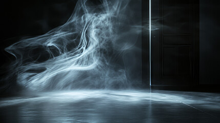 Wall Mural - Mystical smoke swirling from a mysterious door in the darkness abstract surreal afterlife heavenly fog and light with black background negative space copy space life after death path journey portal