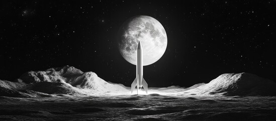 Aufkleber - Flying rocket to the moon in a 3D cartoon rendering white image on a black background