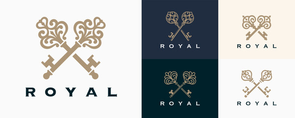 A classic set of vintage royal key logos, showcasing elegant and luxurious design elements, perfect for branding and marketing materials.