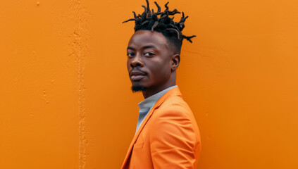 Wall Mural - A handsome Black man Confident smile portrait of a young Black man in a vibrant orange suit against a bold orange backdrop