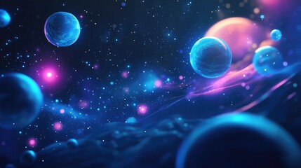 Poster - Dark retro futuristic abstract background with a 3D cartoon rendering of a glowing galaxy starry sky and blue circles representing planets