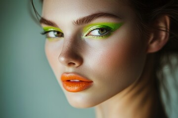 Woman with vibrant lime eyeshadow and orange lips