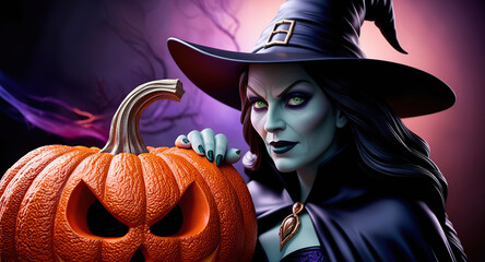 Wall Mural - Halloween themed cartoon background featuring a pumpkin and a witch