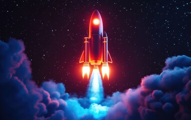 Poster - Rocket soaring into the starry sky in a 3D cartoon rendering Spaceship commences its mission Space shuttle launches for the mission
