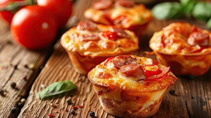 Tasty baked pizza muffins as finger food for a party from yeast dough tomatoes vegetables sausage and cheese on a wooden table copy space selected focus narrow depth of field