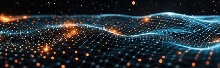 Poster - 3D illustration featuring a black abstract background with a high tech network cyberspace grid and a starry outer space texture