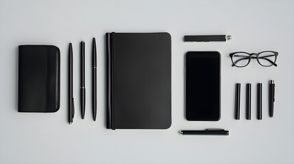 A flat lay of office supplies arranged neatly on a white background, including a notebook, pen, smartphone, and eyeglasses.