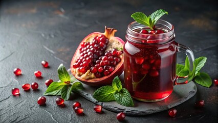 Wall Mural - Refreshing pomegranate juice in a jar with fresh pomegranate seeds and mint on a dark slate background