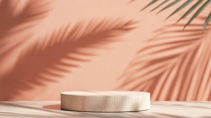 Aufkleber - Pastel light red and salmon pink minimal 3D render with a simple natural product display featuring a wooden podium and a palm leaf shadow in the background