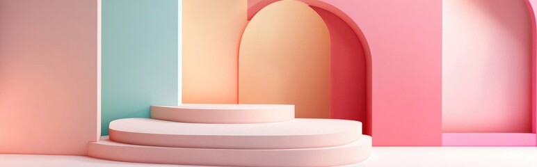 Aufkleber - Minimalist podium stage featuring a multicolor pastel color scheme in geometric shapes designed for presentation backgrounds Abstract background and decorative scene template 3D illustration rende