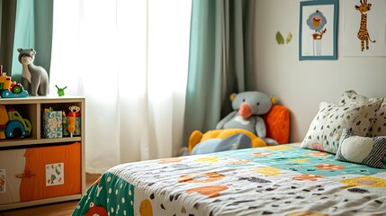 A children's room with a playful theme, featuring a colorful bedspread, a toy chest, and wall art with animals.