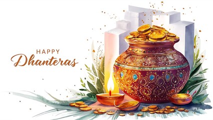 Happy dhanteras celebration with gold kalash and oil lamp diya diwali background