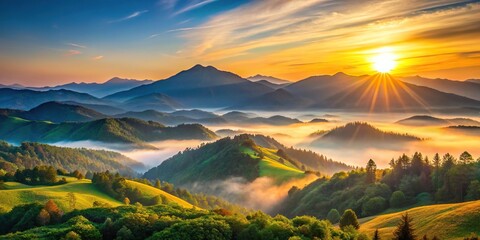 Wall Mural - Serene sunrise over majestic mountains casting warm glow on hills and tranquil valley below