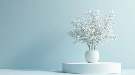 Aufkleber - Elegant classic podium featuring a white plant against a soft blue background 3D rendering 3D illustration