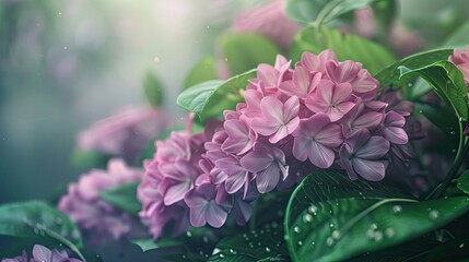 Aufkleber - soft focus pink hydrangeas and leaves in summer