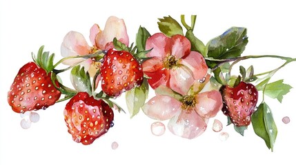 Poster - Watercolor Painting of Strawberries and Flowers