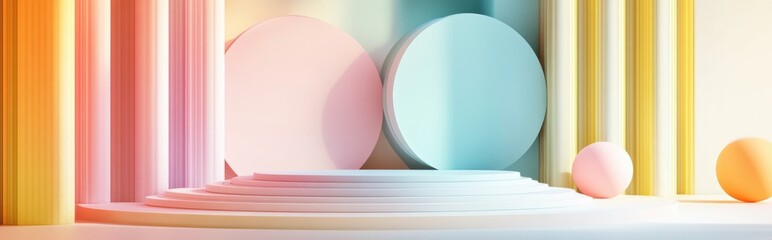 Aufkleber - Minimalist podium stage featuring a multicolor pastel color scheme in geometric shapes designed for presentation backgrounds Abstract background and decorative scene template 3D illustration rende