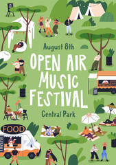 Poster - Open-air music festival, ad poster, flyer design. Outdoor summer event in park with food trucks, people relaxing and dancing. Holiday fest, vertical background, card template. Flat vector illustration