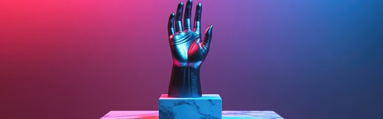 Poster - Bronze hand holding icon on a white marble podium Symbol for website social media presentations and design templates 3D render