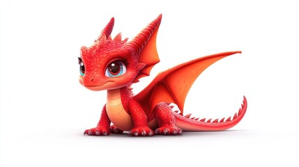 Adorable cartoon baby dragon in vibrant red set against a clean white backdrop