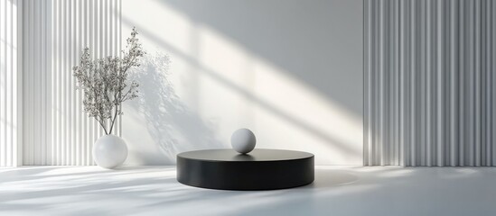 Poster - Black cylindrical podium on an abstract geometric white backdrop Modern pedestal stage featuring a cabinet mirror and spherical lighting Unoccupied minimalist studio Mockup area for cosmetic produ