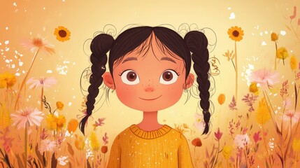 Wall Mural - Adorable 2D cartoon illustration featuring a charming young girl in a playful style