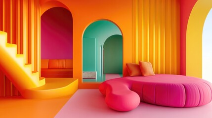 Poster - Vibrant 3D abstract interior design concept Interior layout in vivid colors