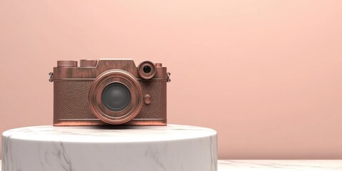Poster - Bronze photo camera symbol displayed on a white marble podium Icon for use in websites social media presentations and design templates 3D rendering