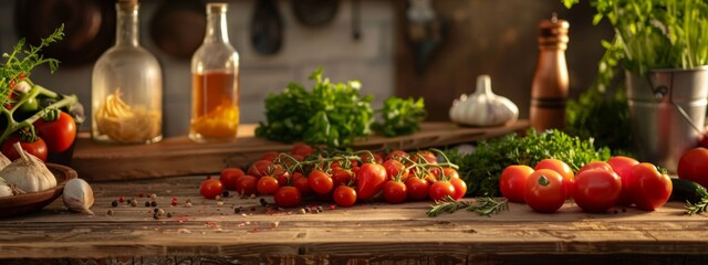 Wall Mural - Warm rustic kitchen scene with tomatoes and fresh herbs