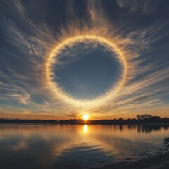 Wall Mural - A perfect halo of clouds surrounds the sun during sunset over a calm river.