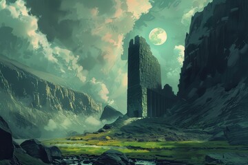 Wall Mural - A Tall Stone Tower in a Mystical Landscape Under a Full Moon