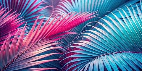 Wall Mural - Tropical background featuring pink and blue palm leaves up-close macro shot