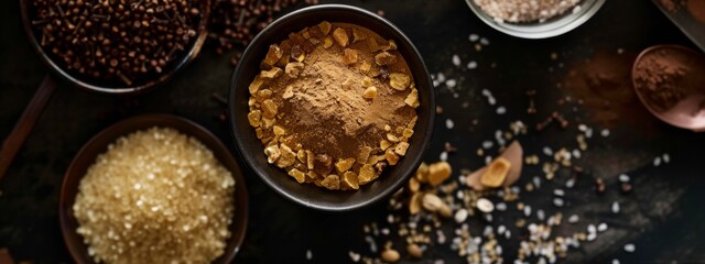 Wall Mural - Assortment of spices and sugar in bowls on a dark background