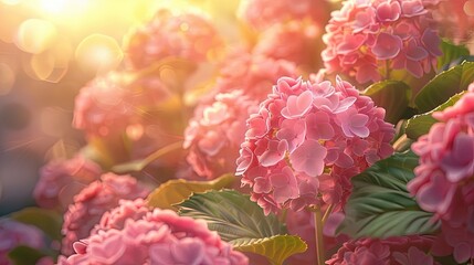 Poster - soft focus pink hydrangeas and leaves in summer