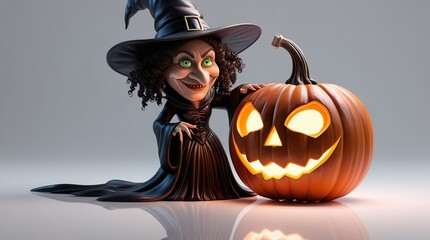 Wall Mural - Halloween themed cartoon background featuring a pumpkin and a witch