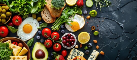 Aufkleber - A delicious flat lay breakfast arrangement with fruits salad egg bread vegetables cheese and berries all beautifully displayed with ample copy space image