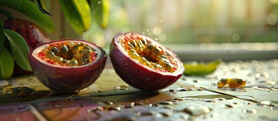 Poster - A vibrant passionfruit sliced on a textured kitchen counter part of a wholesome diet photographed up close with room for text. Creative banner. Copyspace image