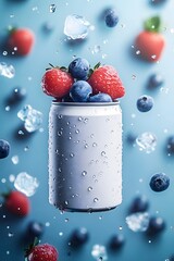 Wall Mural - A can of soda with a bunch of berries on top. The berries are red and blue. The image has a playful and fun mood