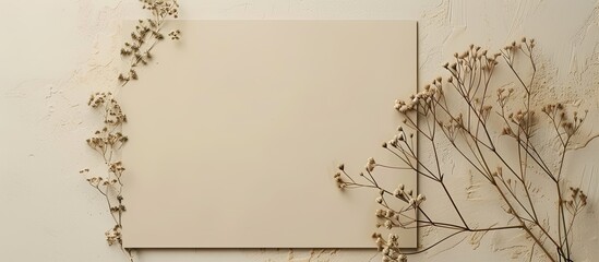 Canvas Print - From an overhead view a blank sheet of paper with a floral design on a beige background is available for writing with space for text in the image. Creative banner. Copyspace image