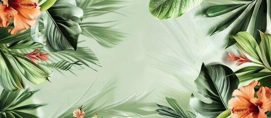 Leinwandbilder - A light green background adorned with tropical leaves and flowers creates a summer themed copy space image