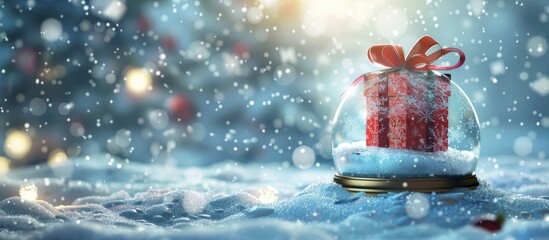 Wall Mural - Snow globe with a Christmas present inside set against a snowy background perfect for a Christmas or New Year greeting card with copy space image