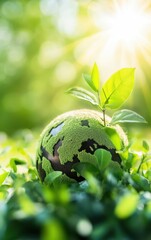 A vibrant green globe with a budding plant, symbolizing environmental sustainability and hope for a greener planet.