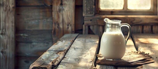 Poster - A jug of fresh milk displayed on a rustic wooden table with ample copy space for text