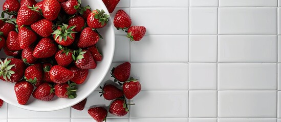 Aufkleber - Fresh sweet strawberries on a white tile background accompanied by a colander and a plate creating a beautiful composition with copy space image