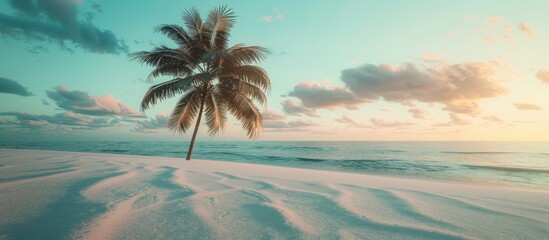 Leinwandbilder - Seaside landscape featuring a palm tree against a sandy beach backdrop conveying vacation vibes and wanderlust Ideal for a copy space image