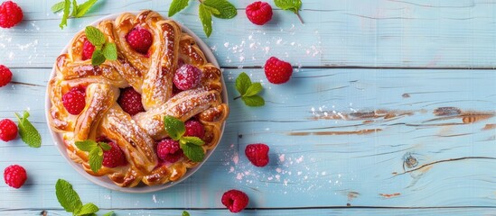 Poster - View from above of a delectable puff pastry garnished with raspberries and mint on a pale blue wooden surface leaving room for copy space image