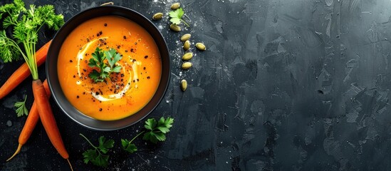 Aufkleber - Cream topped roasted pumpkin and carrot soup garnished with seeds and fresh greens in a copy space image
