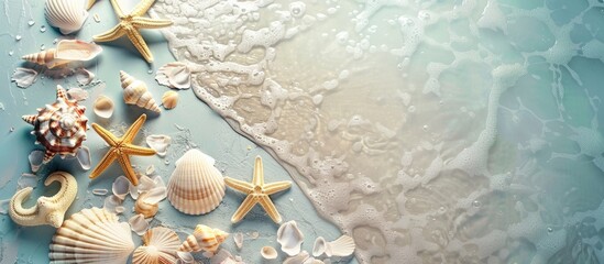 Leinwandbilder - Table background with sea shells or starfish for a summer concept featuring a copy space image for text