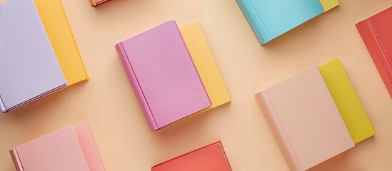 Poster - Flat lay arrangement of vibrant books on a beige backdrop with copy space image available for text