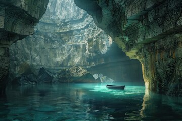 Wall Mural - A solitary boat adrift in a misty cave lake